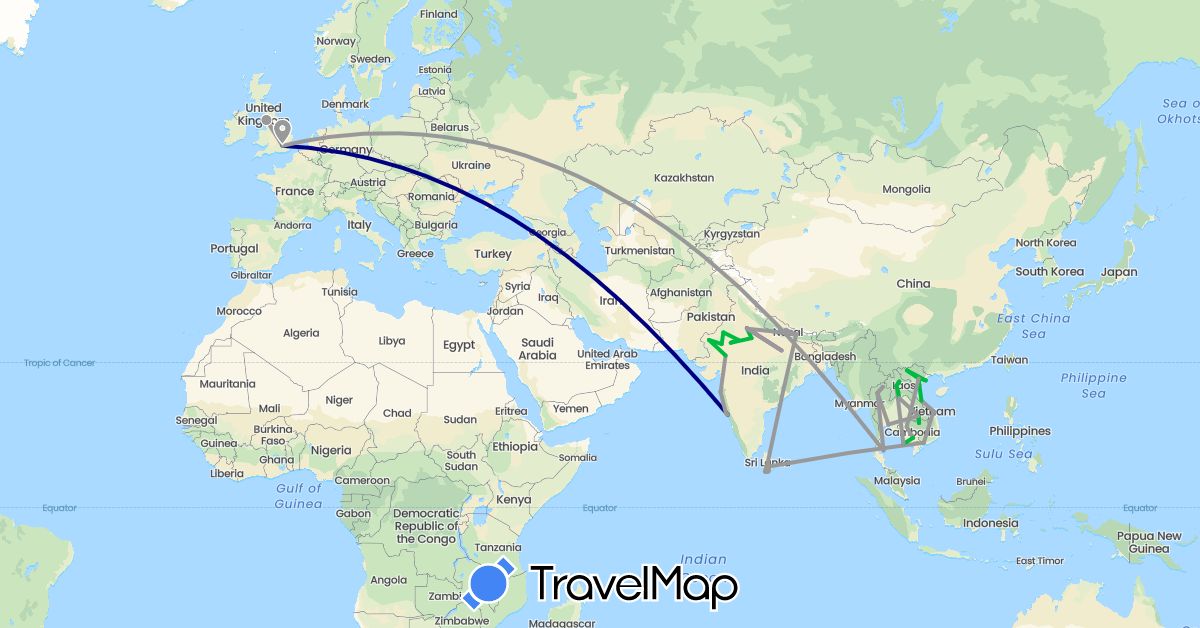 TravelMap itinerary: driving, bus, plane, train in United Kingdom, India, Cambodia, Laos, Sri Lanka, Nepal, Thailand, Vietnam (Asia, Europe)